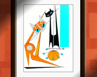 Atomic Mid Century Modern Cat Print, Retro Art, Eames Style, Cat Art by Dominic Bourbeau 8"X10"