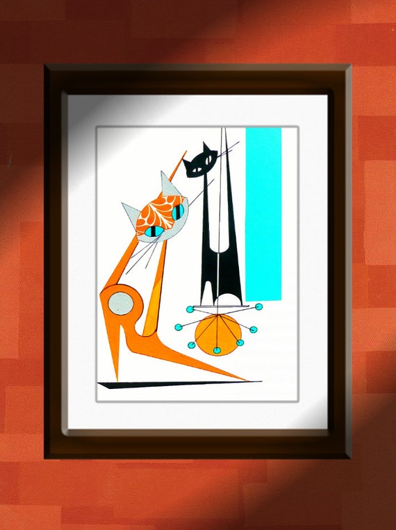 Atomic Mid Century Modern Cat Print Retro Art by COLBYandFRIENDS