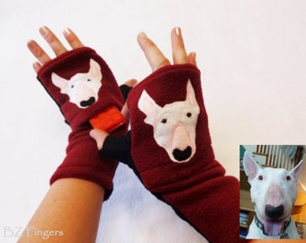 Your Bull Terrier Gift. Personalized Dog Walking Fingerless Gloves with Pockets.