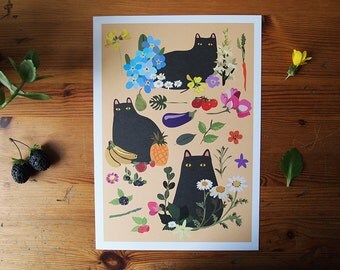 Black Cats A4 Print - Cat print - Cats - I like cats - Cat illustration - Cat art - Black Cats - Wall art - Home decor - Flowers - Cat gifts