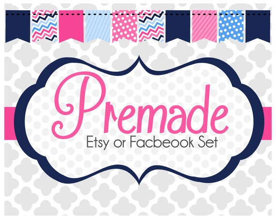 Navy and Pink Shop Set, Etsy or Facebook, premade etsy graphics, facebook cover, Etsy storefront Il_570xn