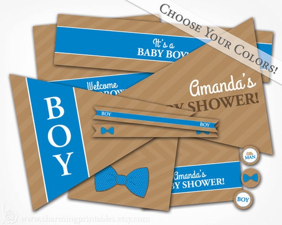 Bow Tie Baby Shower Package - PRINTABLE Baby Shower Set (Labels, Tags, Wrappers, Pennants, Flags) - Blue Brown - Bow Tie Collection Il_570xn