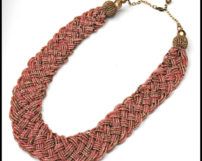 Torsade necklace - Pink and Gold Bead - Braided necklace - boho woven