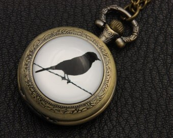 Necklace Pocket watch black bird