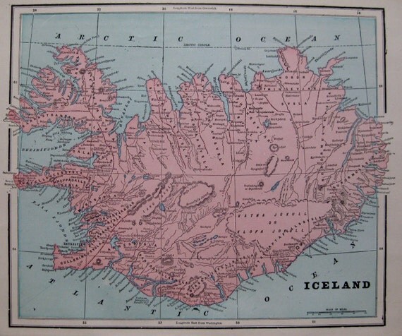 1901 ICELAND Antique Map Vintage Collectible Map of ICELAND