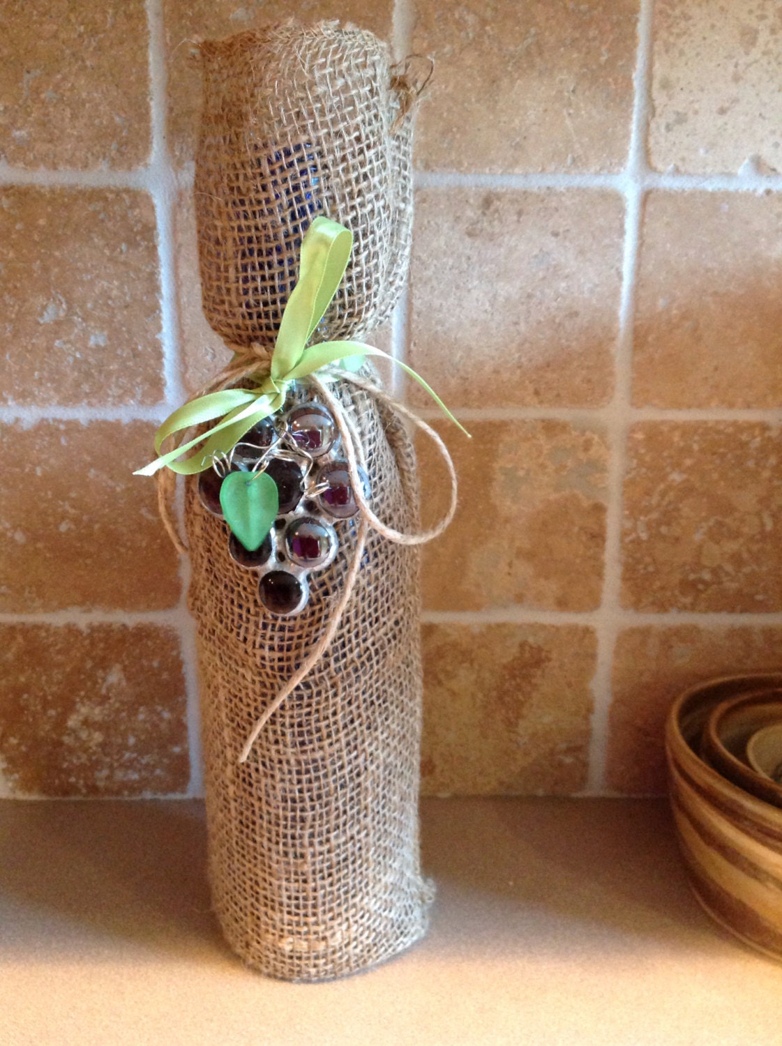 Burlap wine bag with stained glass grape by ArtisticallyGreene