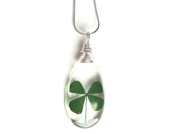 Real Four Leaf Clover Necklace - Real 4 Leaf Clover Encased in Resin - Pressed Flower Jewelry - Teardop Pendant - Wire Wrapped Pendant