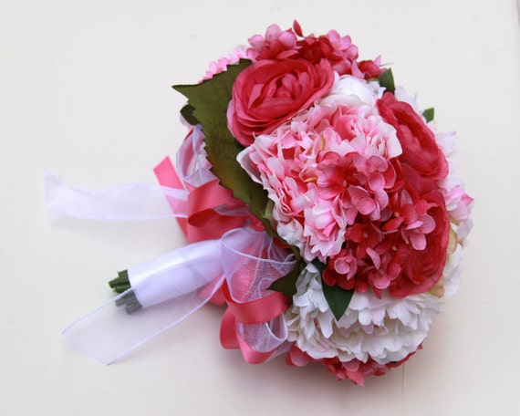 Sale - Bridal Bouquet, Wedding Fabric Bouquet, Pink Ivory Roses Peonies Hydrangea Ready to Ship