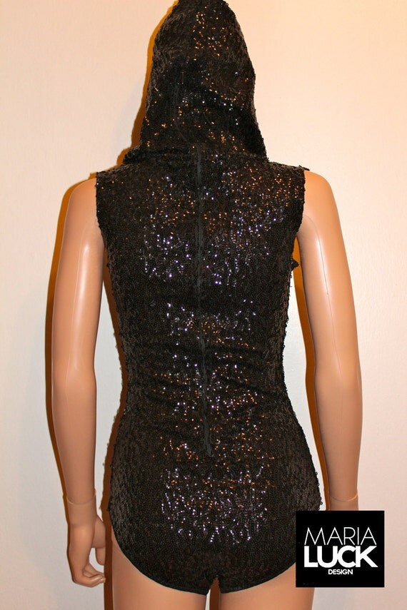 Black sequin sleeveless hoodie leotard zipper back for