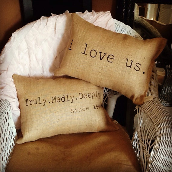 I love us pillow burlap pillow valentines day wedding gift