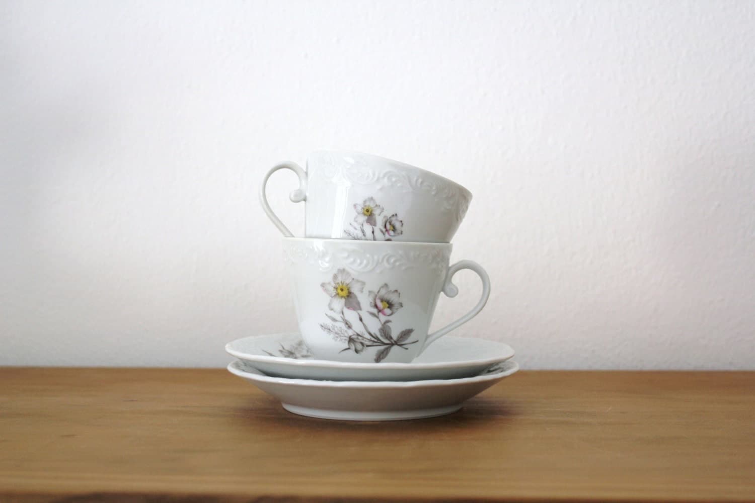 Vintage Teacup and Saucer Flower Pattern Portuguese Pottery Set of Two