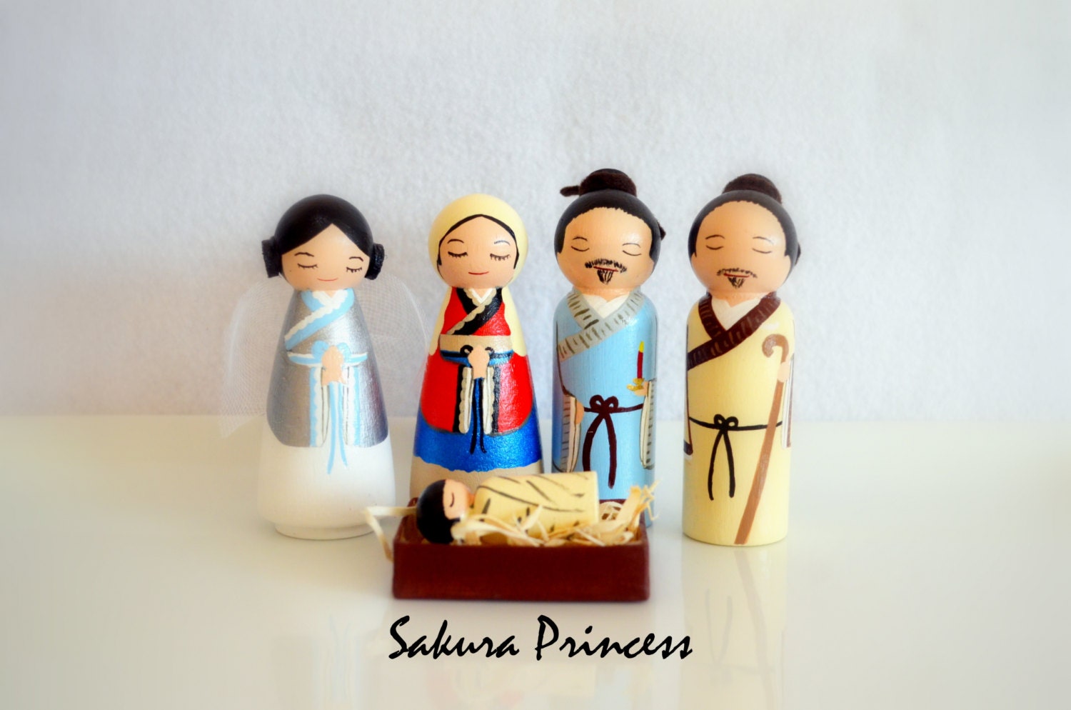 Chinese Nativity Set Hand Painted 6pieces included Wood