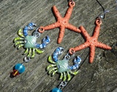 Sea creature charms of starfish and crab dangle earrings