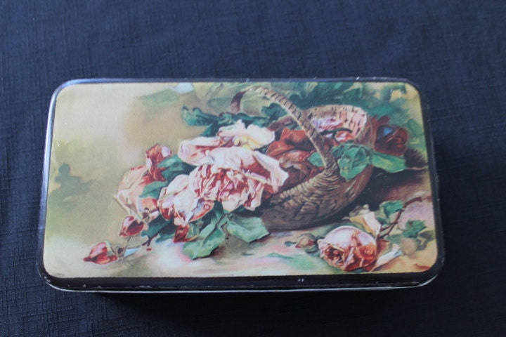 Vintage Confectionary Candy Tin with Pink Roses in Wicker