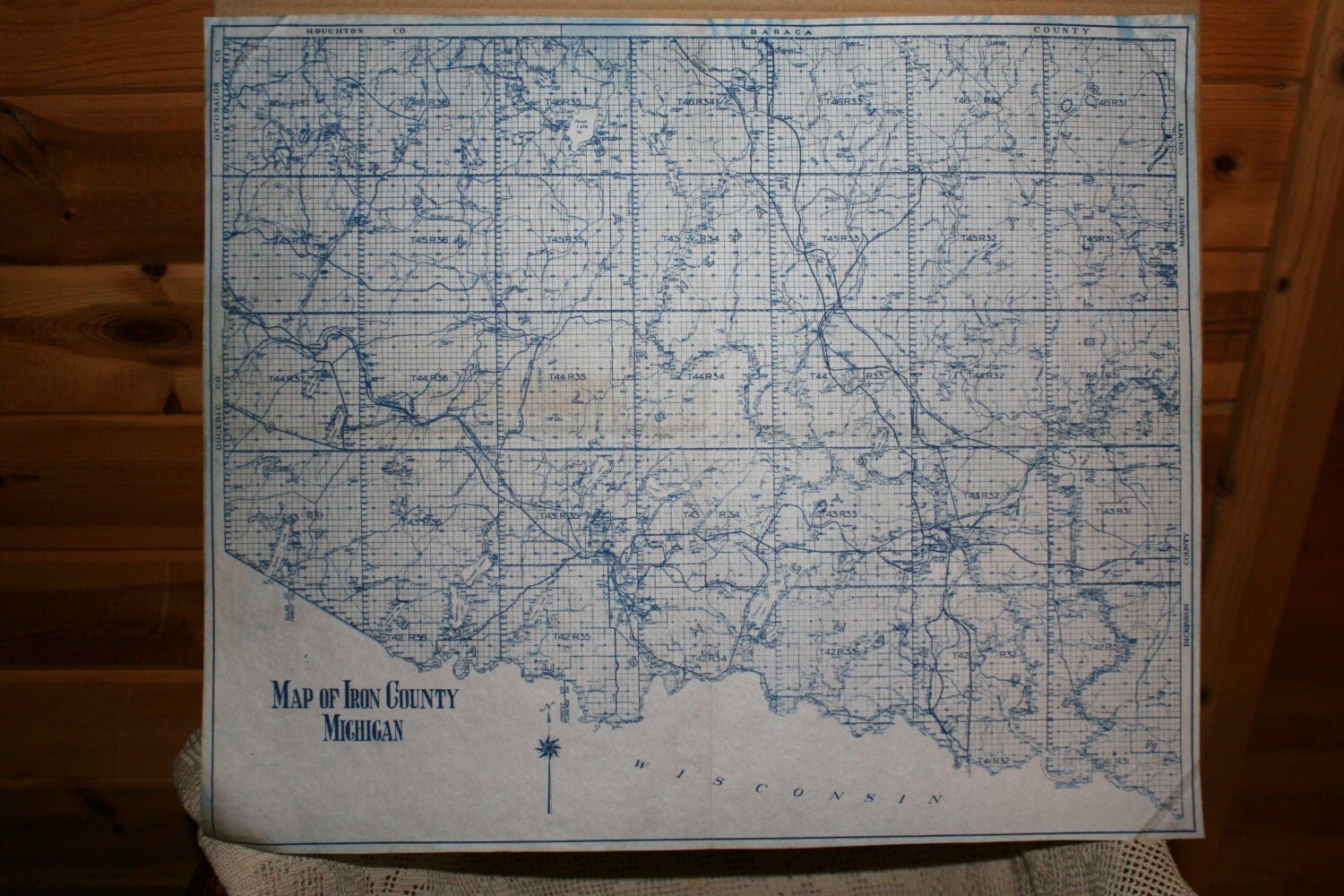Iron County Map Michigan 1933 Antique Blue Drafting Original