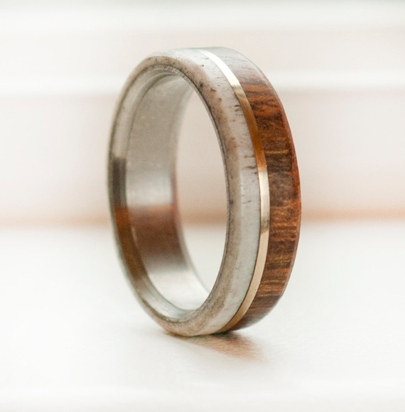 Wood and Antler mens wedding band with gold inlay
