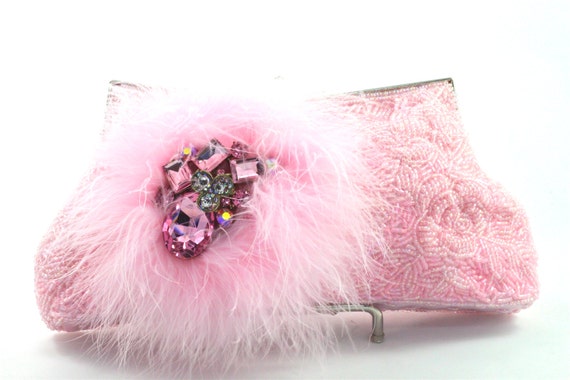 Beaded Pink Feather Crystal Bridal Clutch, Wedding Purse, Formal Handbag
