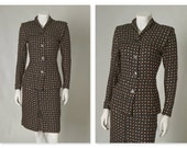 ORIGINAL VINTAGE 1940s 50s Black Skirt and Jacket Suit with Hand Painted Pink and Gold Polka Dots / Xsmall / Waist 25