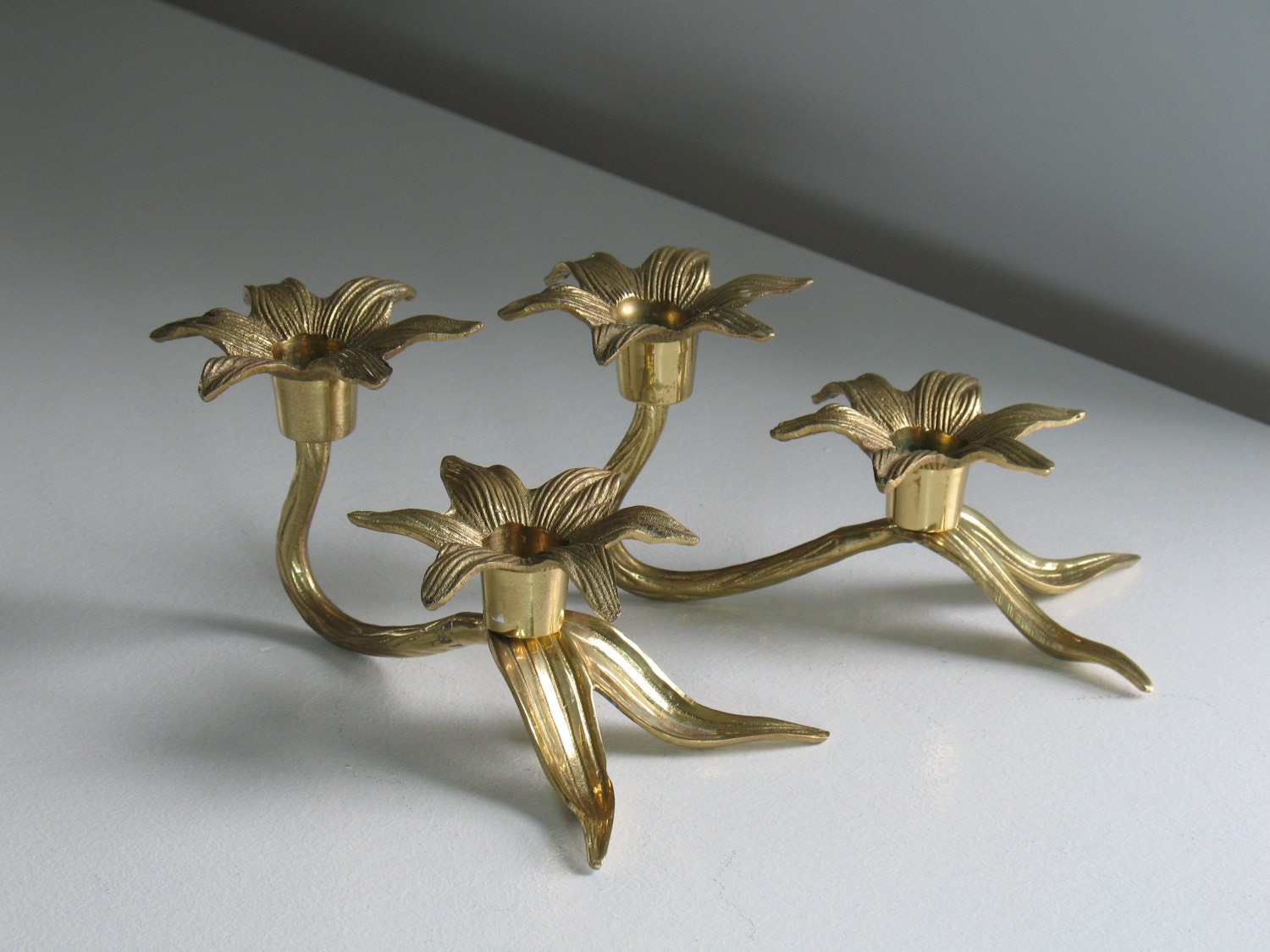 Vintage brass flower candle holders / floral by oldstufflove