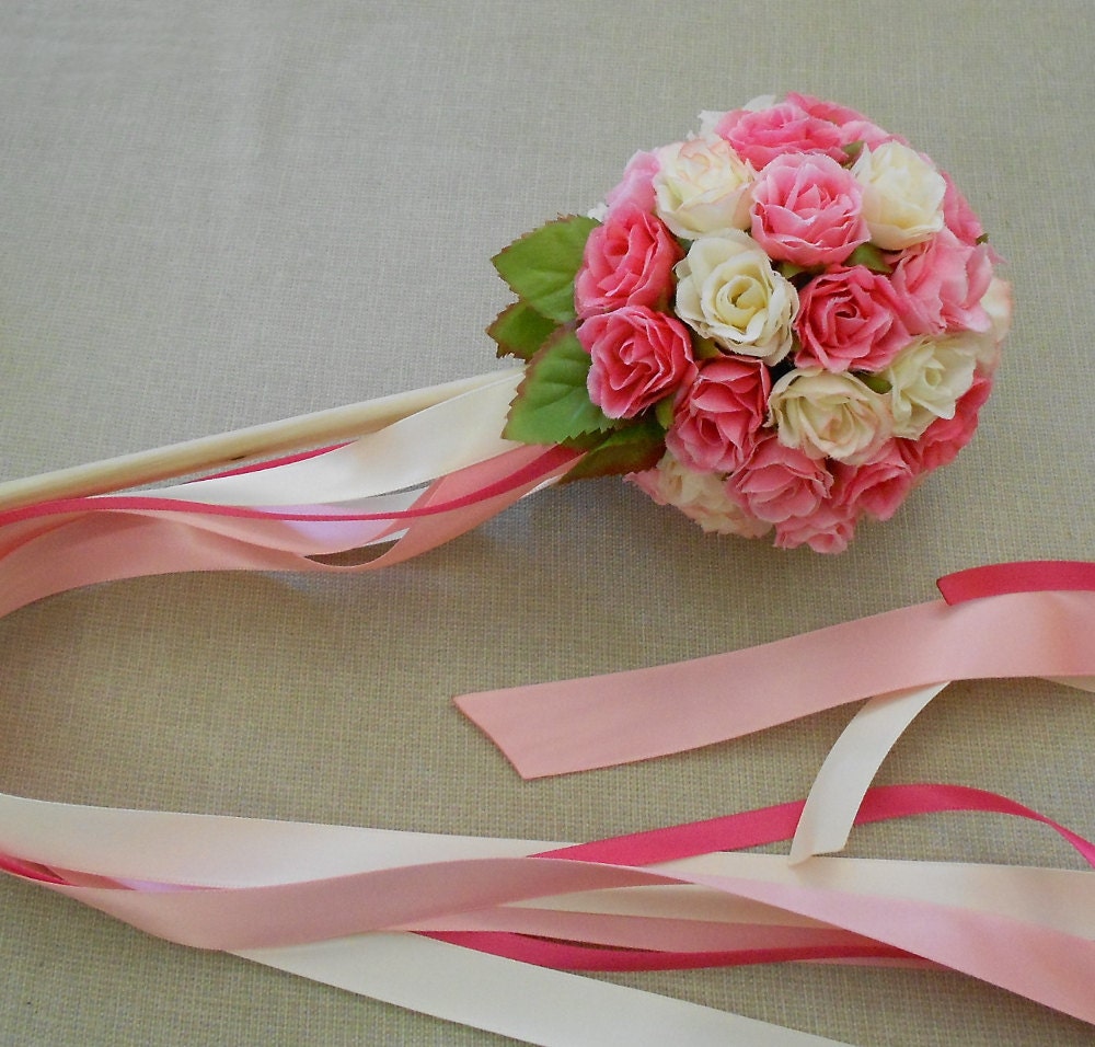 Pink Rose Flower Girl Ribbon Wand Small