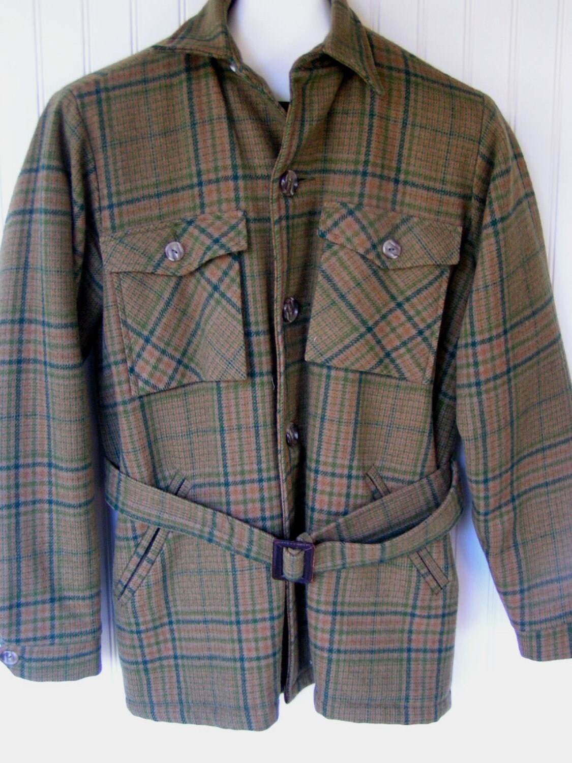 Vintage Woolrich Jacket Mens M unisex olive plaid belted