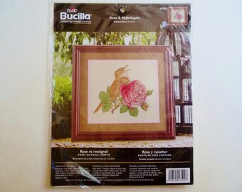 Rose Bird Cross Stitch Kit Bucilla Rose & Nightingale 9.5" x 8.5" New Unopened