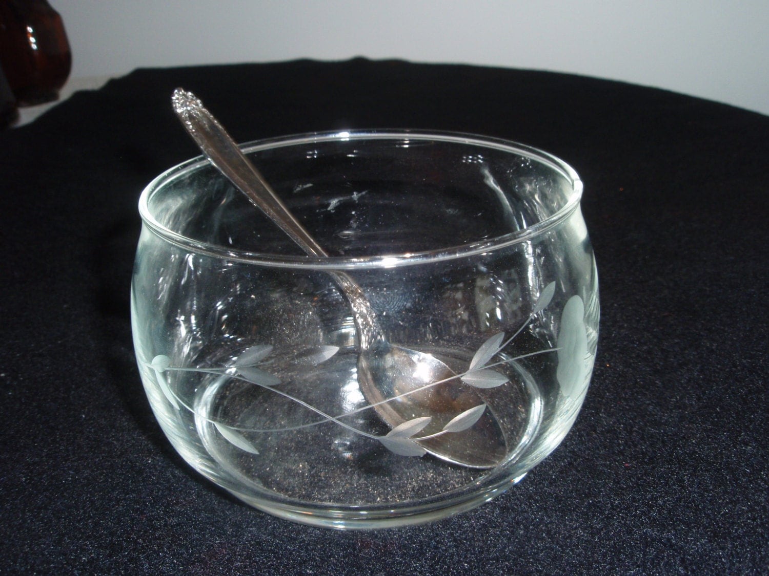 Etched glass bowl with silver spoon. Condiment dish, spice dish,salt