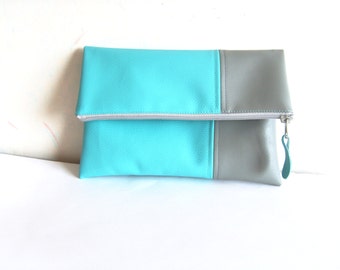 Leather clutch purse, foldover clutch, vegan leather clutch, turquoise blue, grey, zippered clutch purse
