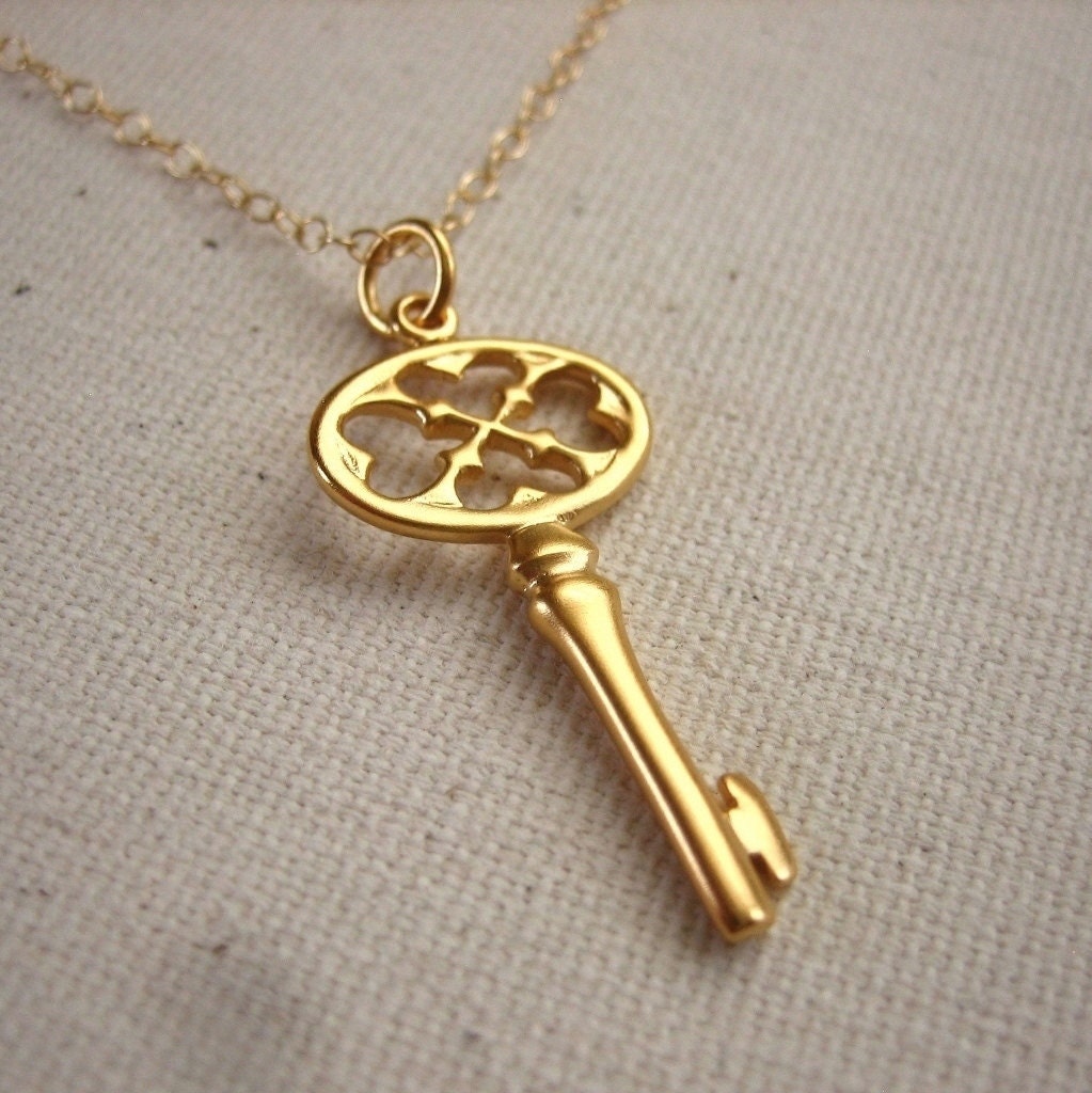 Gold Key Necklace 24K Gold Plated Victorian Style by Peytra