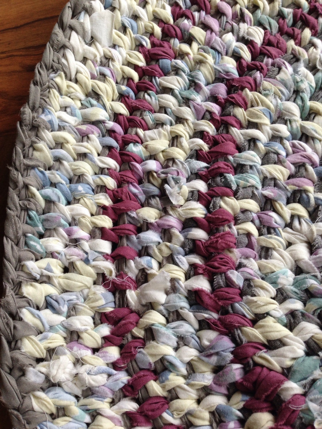 Handmade amish knot rug yellow blue purple grey