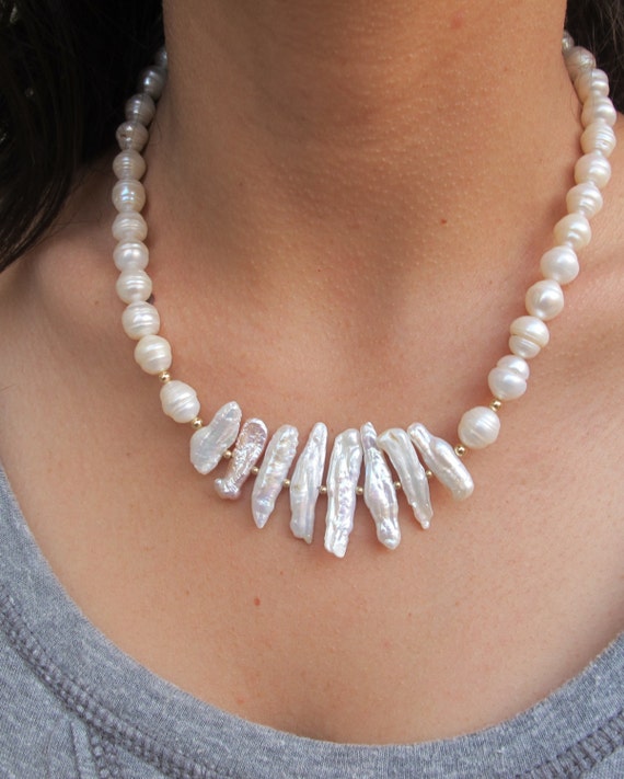 Freshwater Pearl Necklace Bridal Wedding Necklace Statement Necklace White Bib T 9569