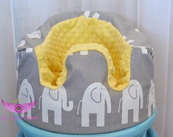Gray and White Elephant Fabric and Light Yellow Minky Bumbo Seat Cover