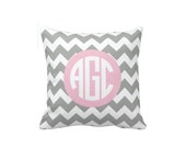 Personalized Circle Monogram Chevron Throw Pillow & Cover-Grey-Light Pink-White-Customize Colors-14x14-16x16-18x18-20x20-14x20-26x26