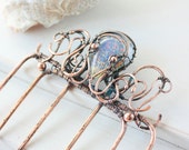 Hair Comb "Kraken" - copper hair asseccories - octopus - beach jewelry - blueyellow hair pin - ocean - sea theme