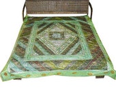 Vintage Hippie Boho Taxtile Green Patchwork Bed cover Sequin Coverlet