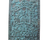 Vintage Doors Blue Patina Radha Krishna Carving Wall Hanging Panel Yoga Decor 72" X 36"