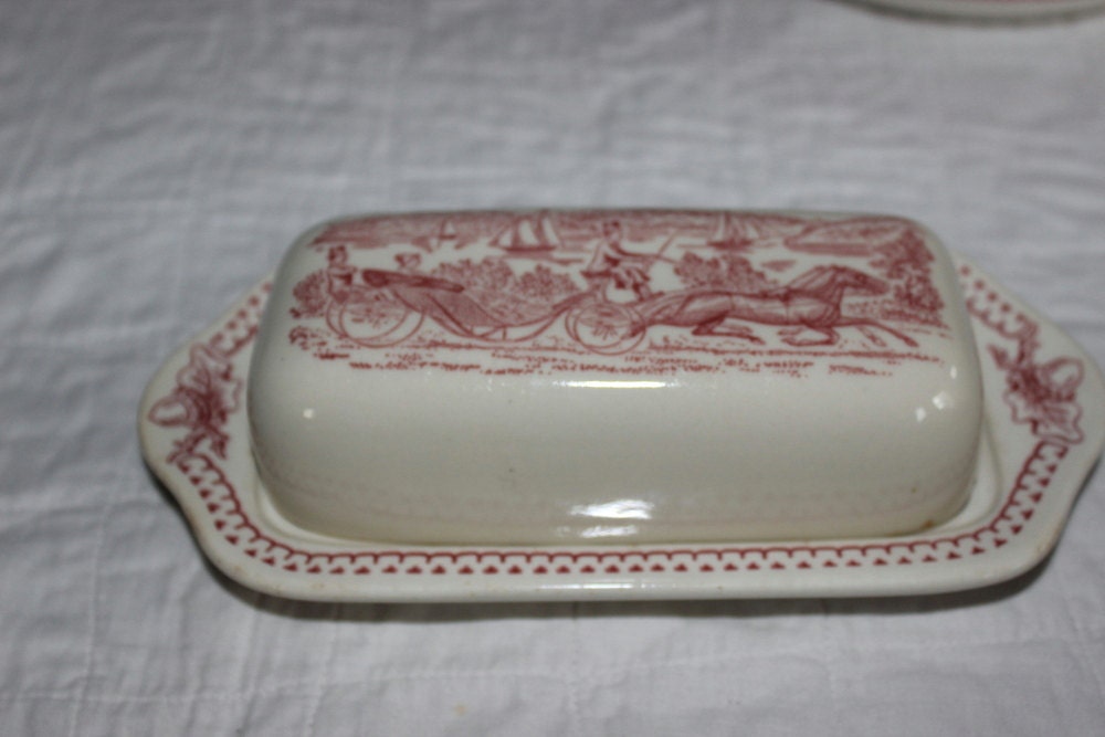 Memory Lane Butter Dish Covered Red Transferware Ironstone
