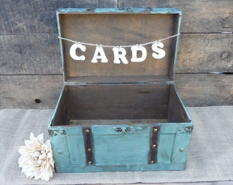 Decorative Wood Leather Turquoise Blue Suitcase Box and Cards Sign Banner ~ Photo Prop ~ Wedding Card Keepsake ~ Party ~ Distressed Country