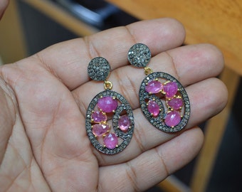 Pink Sapphire Earrings with Diamond pave on 925 Silver