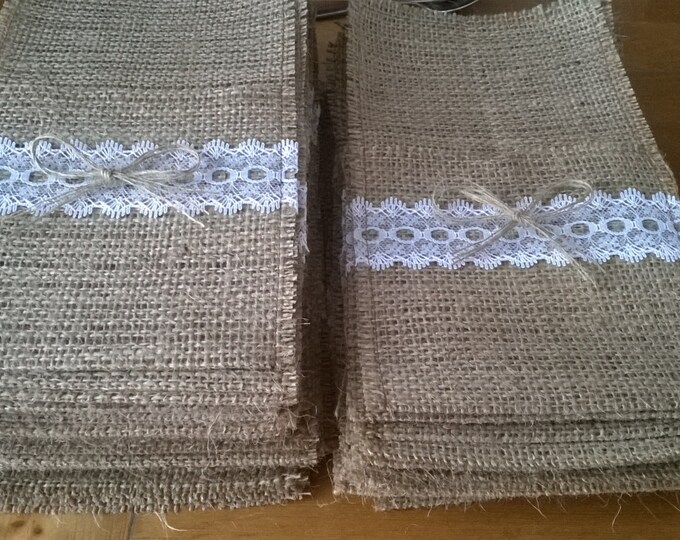 70 Burlap Silverware Holders with White Lace and One Bows , Rustic Wedding