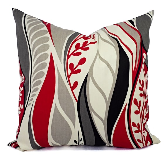 Two Throw Pillows in Red Grey and Black by CastawayCoveDecor