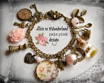 Alice in Wonderland Jewellery bracelet handmade Gift-Pale Pink - drink me mini glass bottle Fimo