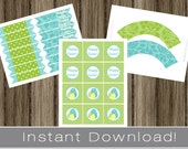 Easter Party Printables / cupcake wrappers / straw flags / toppers / instant download / diy decor / wraps / aqua and green Il_170x135