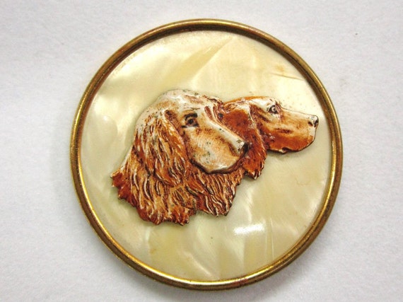 Vintage Celluloid Dog Pin Golden Retrievers Large