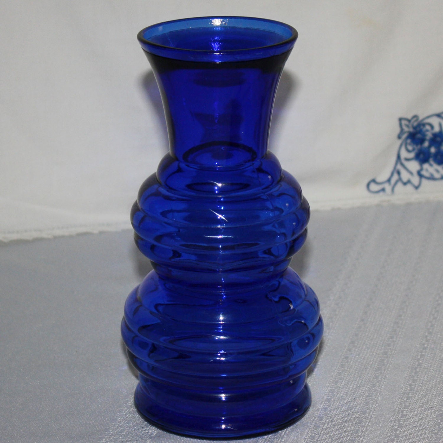 Vintage Depression Glass Cobalt Blue Double Beehive Vase