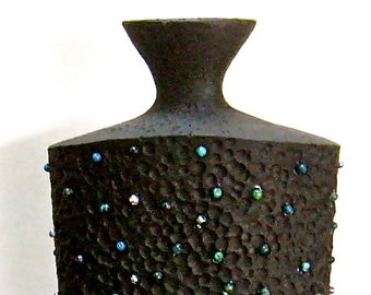 Black Flower Vase, Jewelry Decorated, Repurposed Home Decor, Art deco Style Vase, Beaded Eclectic Vase, Repurposed Accent, Up cycled Vase