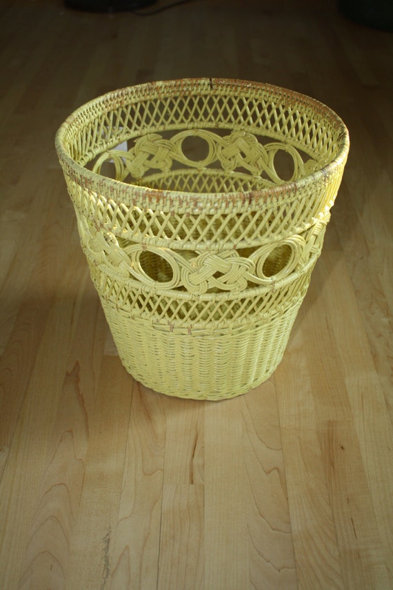 Vintage Yellow Wicker Weaved Woven Waste BASKET Shabby Chic
