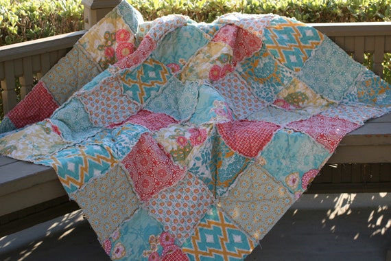 Toddler Quilt, Rag Quilt, Joel Dewberry Botanique, Golden Hour, Apricot, Teal, Aqua, Gold and Yellow, All Natural, Handmade
