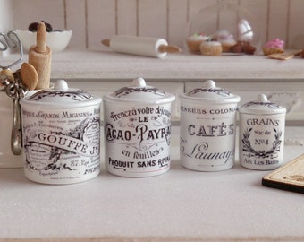Dollhouse Miniature Vintage French Kitchen Metal Canisters.