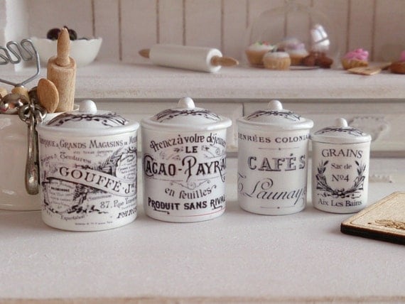Dollhouse Miniature Vintage French Kitchen Metal Canisters Dollhouse Miniature Vintage French Kitchen Metal Canisters